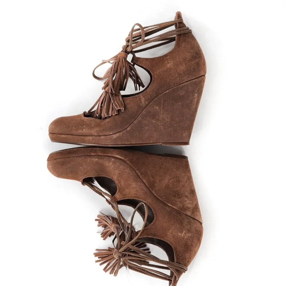 SCHUTZ Brown Suede Lace Up Wedge Heel Pumps With Tassels